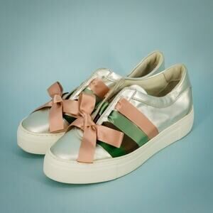 AGL 41 Size 11 US Silver Pink Metallic Bow Slip On Low Platform Sneakers Shoes